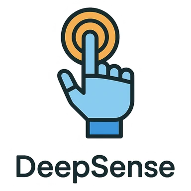 modern minimalist logo for 'DeepSense' featuring a stylized finger or hand making a touch motion, symbolizing robots sensing the physical world like humans, minimalist shapes, clean lines, limited color palette sticker