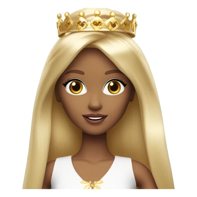 Blonde Barbie with bangs and long straight hair and hazel eyes wearing a gold crown sticker