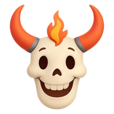 Make the white bull skull with bright red-orange flaming horns look less scary, give it a friendly and approachable expression, keep the style consistent. Remove the background. sticker