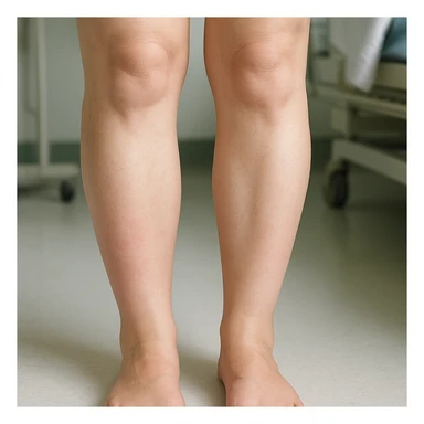 Hyperrealistic human legs in the phase of disinflamation, skin with redness and swelling decreasing, areas gradually transitioning from red to normal, clinical atmosphere, natural light, 4K details. Variant 3, skin almost completely healthy. sticker