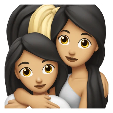 a beautiful brunette with long black hair, slightly tanned, hugs a tall blonde pumped up sticker