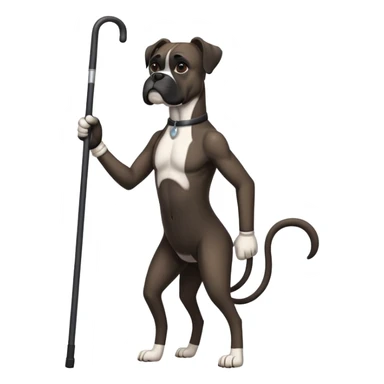 Elderly black boxer dog standing on hind legs using a cane to walk sticker