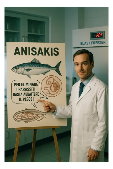 cinematic a scientist in a white lab coat stands beside a large poster showing a fish and a diagram of the Anisakis parasite. The scientist points to a speech bubble that says, “Per eliminare i parassiti basta abbattere il pesce!” In the background, a blast freezer is visible, with a temperature gauge set to -20°C. The mood is informative and reassuring. In italiano sticker