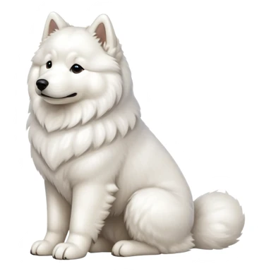cinematic-[samoyed]-realistic-full-body-sitting-emoji,-tail-resting-loosely-beside-its-paws,white eyes-head-tilted-dramatically, -fluffy-[white]-fur,-simplified-yet-realistic-focused-features,-highly-detailed,-glowing-with-an-almost-sarcastic-glow sticker