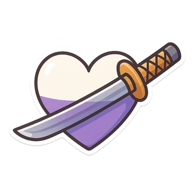 cartoon style katana passing horizontally through a heart, clear division: top side white, bottom side purple sticker
