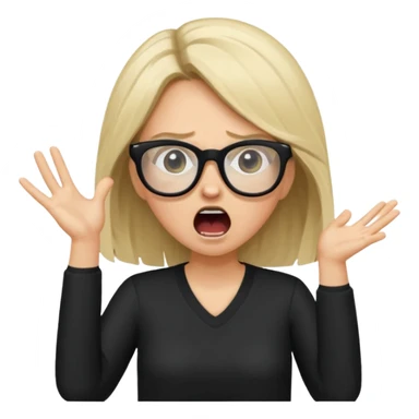 Young woman, wearing black clothes, brunette/blonde with loose hair, wearing white glasses, shouting bad words sticker