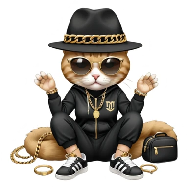 female cat dressed like Run DMC with tracksuit, fedora, Adidas shoes, dark sunglasses, lots of gold chains, rings, bracelets, earrings, lying on the ground, distressed and crying sticker