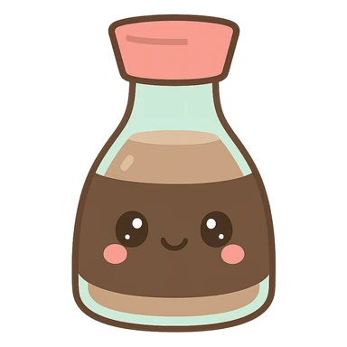 a bottle of Japanese soy sauce, kawaii style, cute face on the bottle, pastel colors sticker