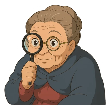 grandmother with glasses peering through a magnifying glass in ghibli style sticker