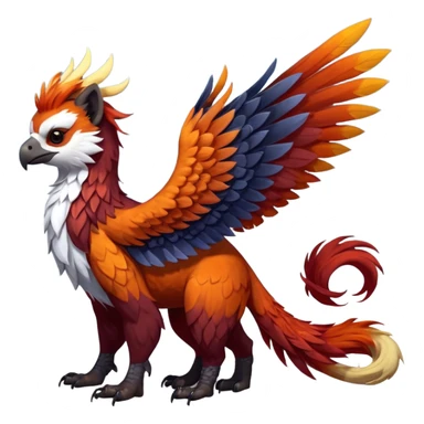 4-legged colorful shiny smooth glossy furry realistic scaly winged long-big-beaked Gryphon-Griffin-Griffsnuff-Talonflame-Silvally-Braviary-Red-Panda-fusion-hybrid-animal-Fakémon-creature, full body, with a long thin tufted lion-tail sticker