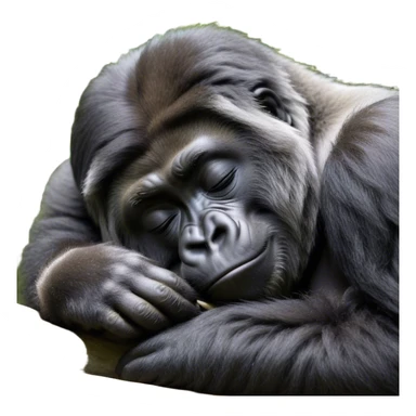 Meme-Worthy cute Sleeping mountain Gorilla Portrait Emoji, Head resting peacefully with a contented smile, showcasing a luxuriously thick black and grey-flecked Fur and eyes gently closed in serene slumber, Simplified yet hilariously adorable features, highly detailed, glowing with a soft, drowsy jungle light, high shine, relaxed and utterly lovable, stylized with an air of playful laziness, bright and heartwarming, soft glowing outline, capturing the essence of a sleeping mountain that feels destined to become the next viral sensation of adorable rest! sticker
