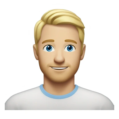 A head and shoulders shot of a 32 year old white man, with short blonde hair,   with blue eyes wearing a t-shirt. sticker