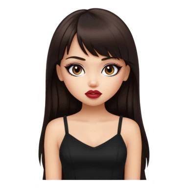 generate a pretty bratz girl in black cami top, dark brown straight long hair with bangs, eyeliner on, sticker