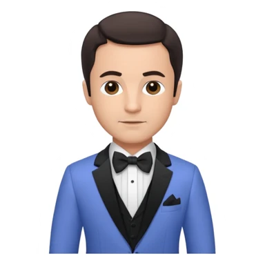 Freddie Prinze Jr with dark brown hair, periwinkle suit with bow tie sticker