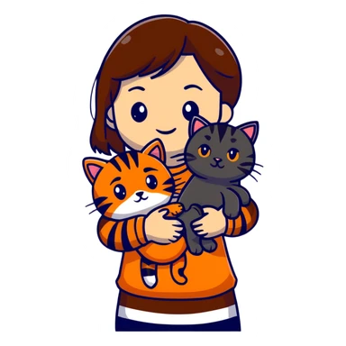 tan brown-haired girl holding two cats, one black cat and one orange tiger-striped cat sticker