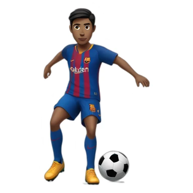 Teenager with black hair and fair skin playing soccer with ball in barcelona jersey sticker
