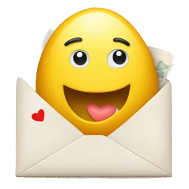 A cute scrambled egg with a smiley face holding letters of mail with hearts on the envelope sticker