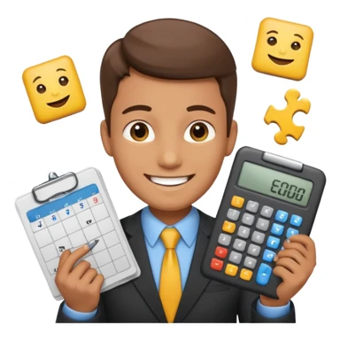 male aUDITOR smiling with spreadsheet and a calculator, emoji, ADD A puzzle and a Balance for accounting sticker