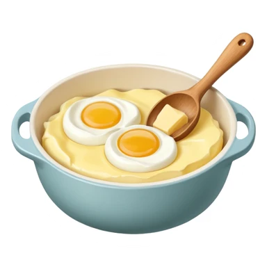 A carton of eggs, butter and a cream ceramic baking bowl with a wooden spoon in it sticker
