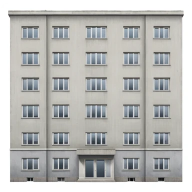 Soviet-era panel apartment building with rows of identical windows, gray concrete facade, flat roof, typical Russian multi-story residential building sticker