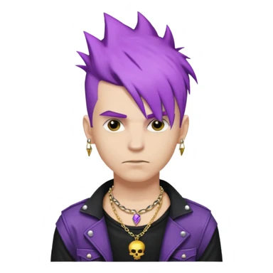make a iphone emoji who is a white man that looks punk with purple punkk hair, with a black punk shirt and a golden neckless sticker