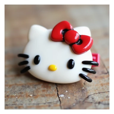 realistic Hello Kitty hair pin made of acrylic material, glossy finish, Hello Kitty's face with a red bow, product photography style sticker