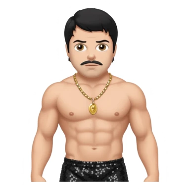 Oliver Reed with black hair, black sequin baggy pants, shirtless with necklace sticker