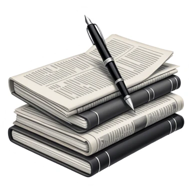 Create an emoji representing journalism and publicistic writing. The design should feature a stack of newspapers as the base, with an open working notebook placed on top of them. A single fountain pen should rest at the very top on the notebook, symbolizing the act of writing. Use neutral, professional colors like black, white, and muted tones to convey a sense of seriousness and intellect. Do not include any emojis or smiley faces. Make the background transparent. sticker