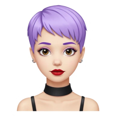 cool white girl with pastel purple pixie hair, black choker necklace, red lipstick, lip ring, half smile, fashionista vibe sticker
