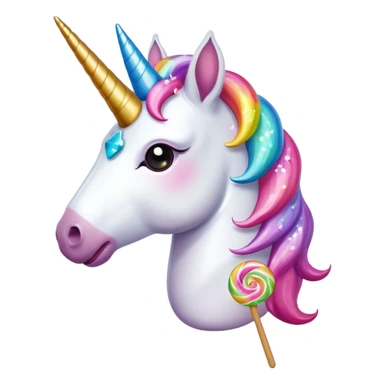 a unicorn eating a lolipop with a poop emoji on its head and sparkles around the unicorn sticker
