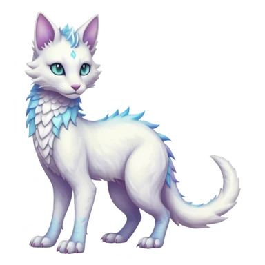 Kawaii white pastel iridescent beautiful pretty elegant divine edgy fantasy feline-vernid-sergal-fursona animal creature with a tufted tail full body with intricate markings  sticker