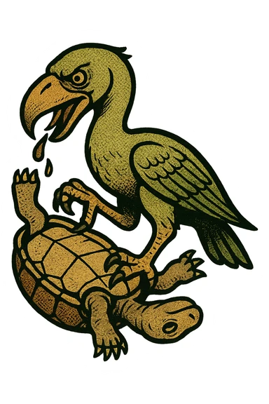 an insignia for a flag: a strange foreign alien bird creature, resembling a prehistoric phorusrhacos, gripping a upside-down tortoise [on its back] with a claw with its' beak tearing down into it
 sticker