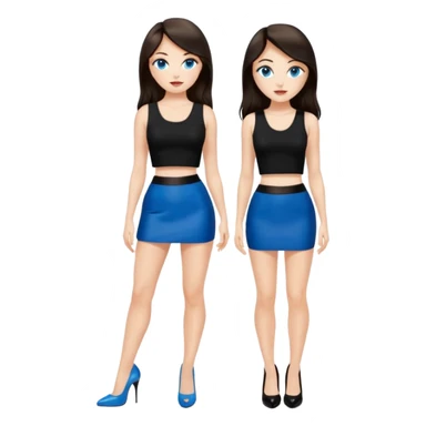 realist caucasian woman, long dark brown hair, blue eyes, wearing a black crop top and black tight mini skirt, high heel black patent louboutin shoes, full body, emoji style sticker