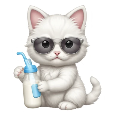 A white kitten with sunglasses and milk bottle in its hands sticker