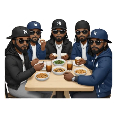 African American man with shoulder length black dreadlocks with black beard wearing black sunglasses wearing a black New York Yankees logo baseball Cap wearing a black bubble winter coat sitting a kitchen table with other men with dreadlocks all sitting in chairs eating dinner at kitchen table sticker