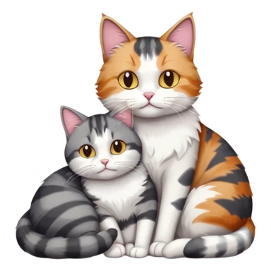 full body colourful light patched calico + white tabby cat cuddling a bigger cat that is dark grey and white tabby cat  and they are in love sticker