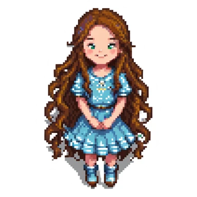 girl with long wavy brown hair smiling pixel art sticker