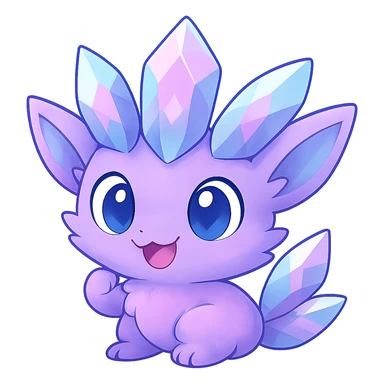 Create a chibi kawaii crystal sprite creature with a crystal tail in pastel purple, blue, and pink colors. The creature should have a happy and excited expression. Remove the background. sticker