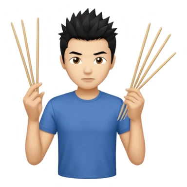 Make it a vietnamese male with spiky black hair holding only ONE pair of chopsticks in one hand, t-shirt. Please only ONE hand with chopsticks sticker