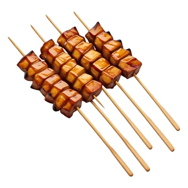 Cinematic Realistic Satay Dish Emoji, depicted as skewered, marinated meat grilled to perfection rendered with rich, smoky textures and dynamic, appetizing lighting. sticker