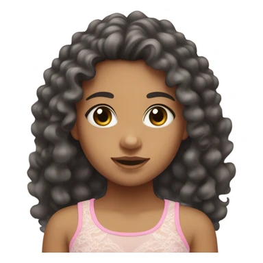 make a teenage girl emoji, mixed race, tan girl, dark grey almost black eye colour, long hair dark brown curls. Wearing a lace trim baby pink tank top with a small bow on shirt. One girl sticker