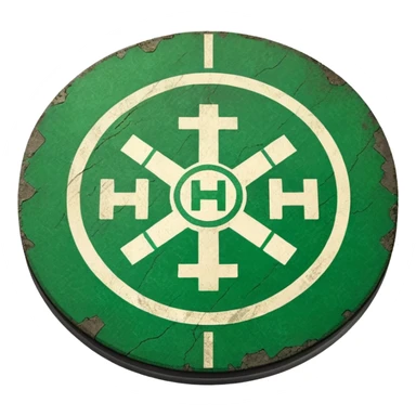 a helipad with a green surface and an H in the center sticker