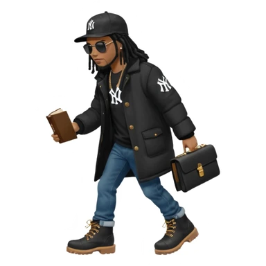 African American man with shoulder length black dreadlocks and black sunglasses wearing a black New York Yankees baseball hat wearing a black bubble winter coat with denim skinny jeans and timberland boots waking with a bible in hand sticker