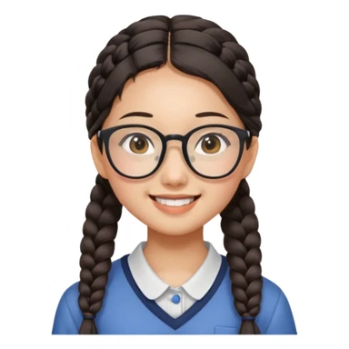 Asian girl, 14 years old, side braid, square glasses, face tilted, big open smile sticker