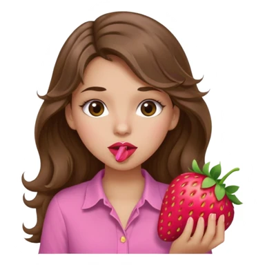 girl with long wavy brown hair, brown eyes, light to medium complexion, in a pink shirt, pink lips, long lashes, sexy , puckering, blushing, eating a strawberry sexy sticker
