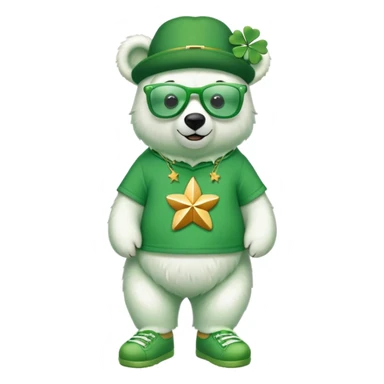 full body friendly anthropomorphised polar bear wearing oversized colorful star glasses, green hat, shamrock accessories, festive green shirt, green shoes, St. Patrick's Day sticker