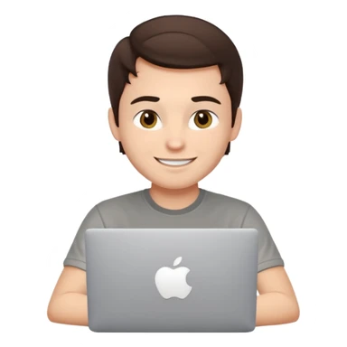 Apple-style emoji of a friendly young male developer, dark brown hair, hazel eyes, dimple, smiling and winking, tech t-shirt, at a MacBook with Apple logo, light gray background sticker