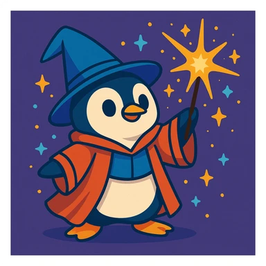 cute penguin wizard casting a spell, wearing a robe and holding a wand, magical sparkles around sticker
