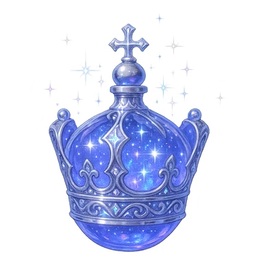 itin prabangus mažas eliksyro buteliukas, karūnėlės forma, spalva #7986cb, išraiškingos ir sudėtingos sidabrinės bei holografinės detalės, maksimaliai daug magiškų švytėjimų ir blizgesių, labai mažas kaklelis, vientisas dugnas, skaidrus fonas, buteliukas plūduriuoja ore, be pagrindo ar šešėlio, modernus, kolekcijai puikiai tinkamas sticker