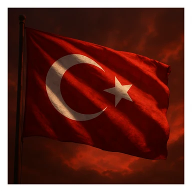 A symbolic Turkish flag waving in the wind, dramatic red background, white crescent and star, high detail, realistic lighting, cinematic and national pride. sticker